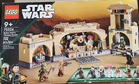 Front of the LEGO Star Wars 75326 Boba Fett's Throne Room box showing set image and minifigures.