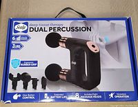 Box front showing Sealy deep-tissue therapy dual percussion massage tool with six intensity modes, 3-hour battery life, ergonomic rubber grip, and eight massage heads.