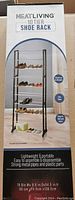 Image of the product box showing the shoe rack fully assembled with shoes on shelves and product features listed.