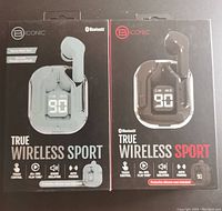 Two packages of Biconic True Wireless Sport earbuds in black and gray with visible LED battery display on charging cases, front view showing product branding and features.