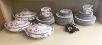Wide view of the entire china set showing covered casseroles, stacks of plates, cups and saucers, and small floral decoration