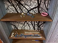 Full view of costume jewelry including pins, necklaces, earrings, bracelets arranged on wooden shelves