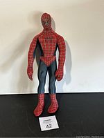Front view of the 2002 Toy Biz Spider-Man action figure standing upright with visible costume details and articulation.