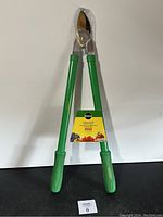 Front view of first lopper with green handles, tags attached, blades taped for protection.