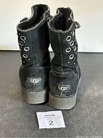 rear view of both Ugg black boots showing logo on heel, metal eyelets near top, and black suede surface