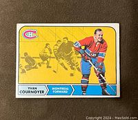 Front view of the 1968-69 O-Pee-Chee Yvan Cournoyer hockey card showing player image and team logo