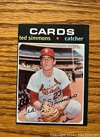 Front view of 1971 Topps Ted Simmons rookie card with player image and basic info.