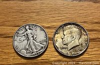 Obverse side of 1944 Walking Liberty half dollar on left and 1964 Kennedy half dollar on right showing date and design details.