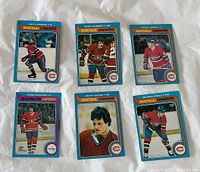 Front side of six vintage hockey cards featuring Montreal Canadiens players and one Washington Capitals player from the 1979-80 O-Pee-Chee series.