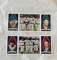 Front side of four baseball cards featuring player images of Ted Williams, Babe Ruth, Mickey Mantle, and Tris Speaker along with team group photos.