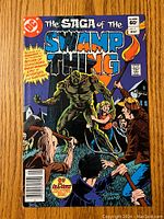 Front cover of The Saga of the Swamp Thing #1 comic book showing the title, artwork of the swamp creature with human characters and DC Comics logo.