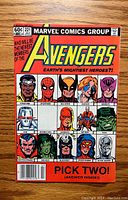 Front cover of The Avengers #221 comic showing superhero portraits and title