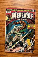Front cover of Werewolf By Night #13 comic with werewolf fighting a mummy and a woman lying on the ground.