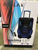 Front and side view of the Atalax Magna 15-inch wireless Bluetooth party speaker box highlighting branding and model.