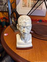 Single image of a white ceramic acupuncture head model placed on a wooden surface. The model is marked with acupuncture and meridian points in black ink.
