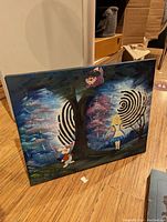 Painting featuring Alice, White Rabbit, dark tree, and optical illusion spirals with a fantasy background