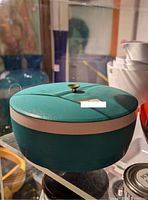 Photo of a vintage teal plastic storage container with a lid on a shelf.