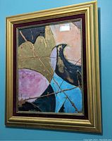 Framed signed mid century abstract painting with gold, pink, blue, black, and beige colors