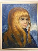 Frontal view of oil painting showing a young girl with long blonde hair shedding a tear, in frame