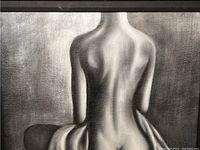 Close-up of the canvas showing the nude female figure from the back in black and white, signature visible.