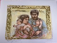 Color lithograph depicting a family of four with gold decorative border, signed and numbered by Edna Hibel.