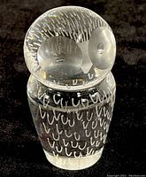 Front angle showing clear crystal owl sculpture with engraved feather pattern and etched circular eyes. Signed numbering at base visible.