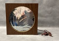 Front view of square woodgrain frame and circular lens, lamp unlit