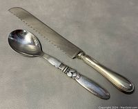 Photo shows a bread cutting knife and a silver preserve spoon with cactus motif on handle.