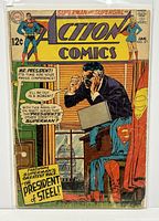 Front cover image of Action Comics #371, showing colorful artwork featuring Superman, Supergirl, and a man with a camera revealing the President's secret identity as Superman. The comic is in a protective bag with a board.