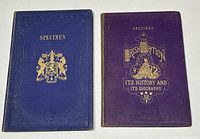 Front covers of two antique sample books, one purple (The Irish Nation) and one blue (Imperial Gazetteer specimen) with gold embossed detail.