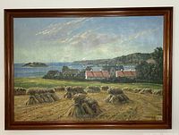 Full view of entire framed oil painting showcasing rural coastal landscape with haystacks, houses, sea, and hills under blue sky.