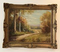 Full view of framed oil painting by William Stanley showing a winding dirt road with trees and hills in autumn colors.