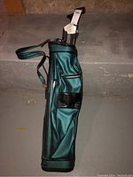 Side view of vintage teal and black Spaulding golf bag filled with numerous golf clubs inside, placed on a concrete floor.