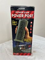 Box for NOMA Power Line Power Post outdoor medium duty cord, highlighting 25 ft cord length and multiple outlets.