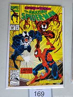 Front cover of Amazing Spider-Man #362 comic book showing Spider-Man fighting Carnage and Venom against bright yellow background.