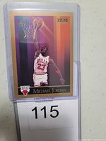 Front side of the Michael Jordan basketball card in protective sleeve showing player image and details