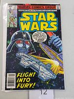 Front cover of Star Wars #23 Marvel comic showing Darth Vader and spaceship with "Flight Into Fury!" headline.