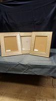 Three matching picture frames shown side-by-side on a dark fabric background. Frames have an ornate embossed floral scroll design and a gold-tone finish.