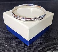 Photo of the new plated stainless steel bangle bracelet featuring a row of Austrian crystals on top of a white and blue box.