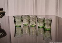Photo of five green uranium glasses with textured hammered pattern, showing the varying heights and translucent color.