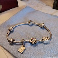Full view of sterling silver bracelet with all five charms and chain visible