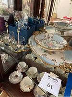 Overall lot view showing platter, bowl, three cups and spoons