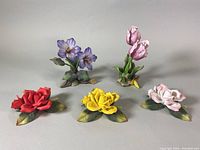 Photo of all five Andrea handmade china flower figurines together showing variety of colors and shapes