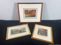 Three framed watercolour paintings displayed together showing overall lot contents. Includes variety of frame styles and sizes.