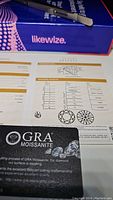 Certificate and warranty card showing GRA certification branding and general information about the GRA Moissanite cutting process and certification.