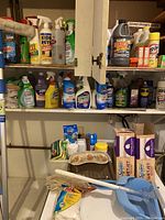 Photo showing shelves stocked with assorted cleaning chemicals including Windex, Orange Glo, Clorox toilet cleaner, Simple Green, sanitizer and heavy duty cleaners.