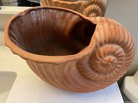 Top angled view showing interior and shape of planter with spiral shell detail.