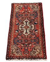 Full view of the Persian Hamedan mat showing its rectangular shape, the central medallion pattern and color palette of reds, blues, beige, and browns with fringed edges.