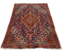 Full view of rug on white background showing overall design, color palette and fringed edges.