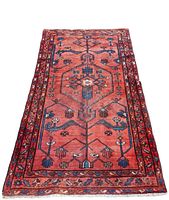 Full view of rug laid flat showing overall medallion design and border